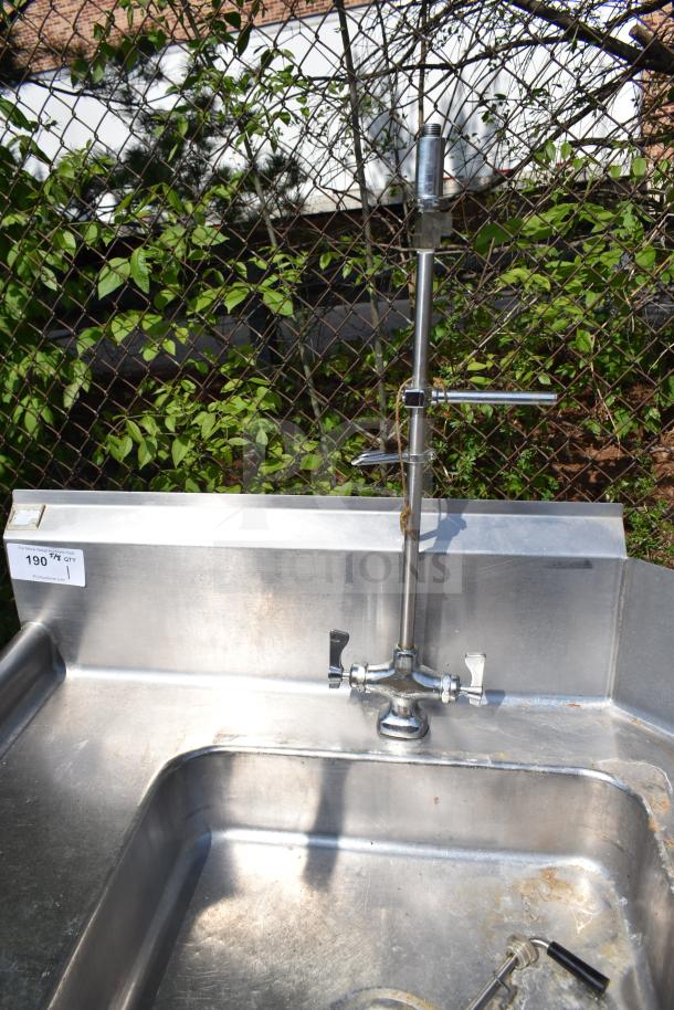 Commercial left side dirty dish table with faucet, stainless steel, used condition, visible wear, auction tag attached.