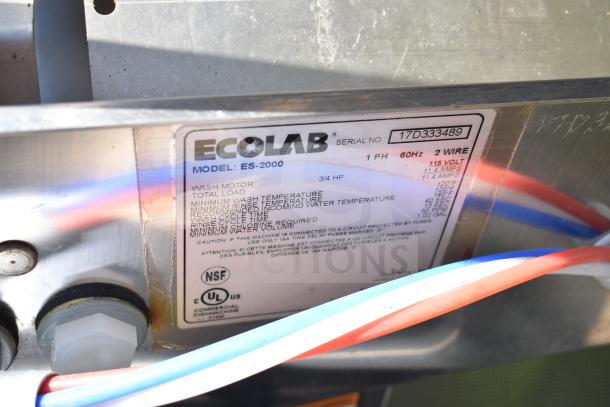 2017 Ecolab ES-2000 Commercial Dishwasher, serial 17D333489, 115V, 1 Phase, detailed label showing specifications.