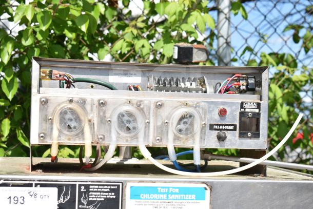 CMA EAH-2 Commercial Dishwasher, straight pass through design. Visible controls and labels indicate 120V, 1 phase.