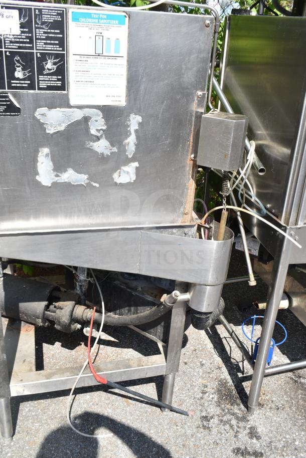 CMA EAH-2 commercial pass-through dishwasher, 120V, 1 phase. Features visible wear, labels for chlorine sanitizer test.