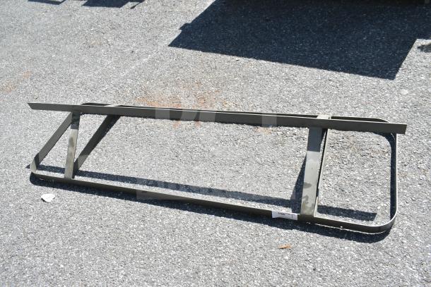 Metal commercial pot rack, rectangular frame, good condition, metallic finish, visible label with inventory number.