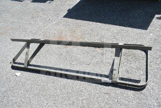 Metal commercial pot rack, rectangular frame, good condition, metallic finish, visible label with inventory number.