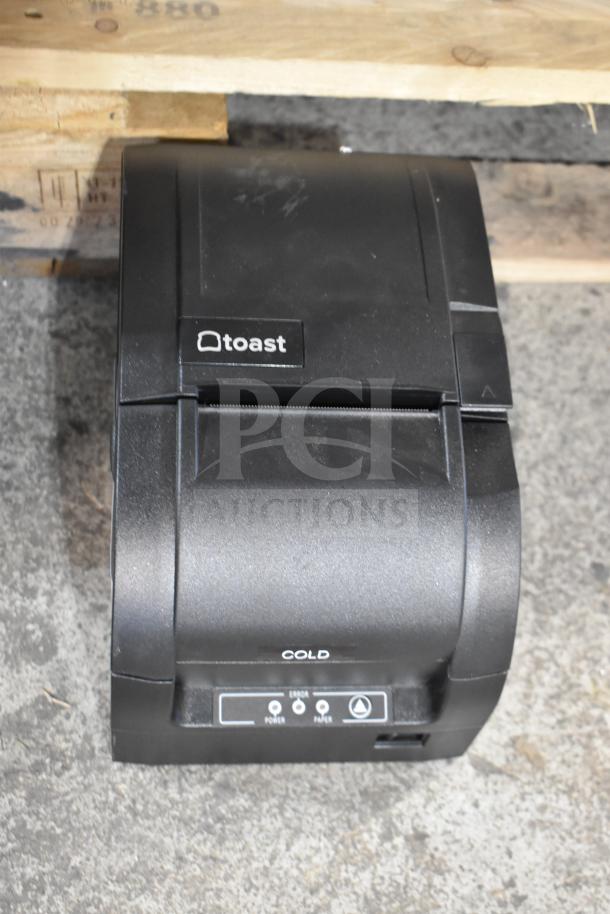 SNBC BTP-M3000 countertop receipt printer, black, with "toast" logo, error and power indicators, used condition.