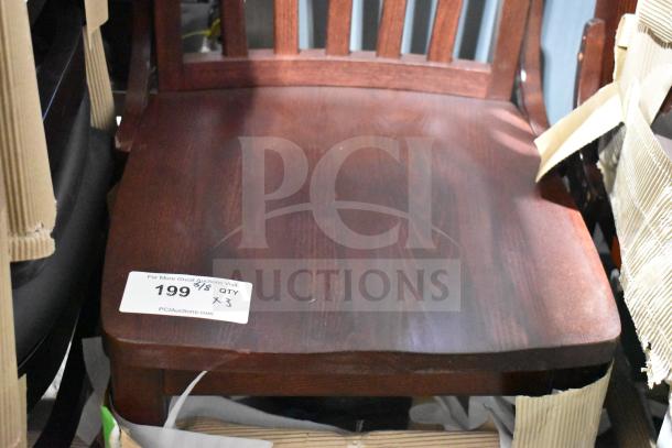 Alt text: Bar height wooden chair, brand new but with minor scratches. Dark wood finish, label indicates lot of three.

