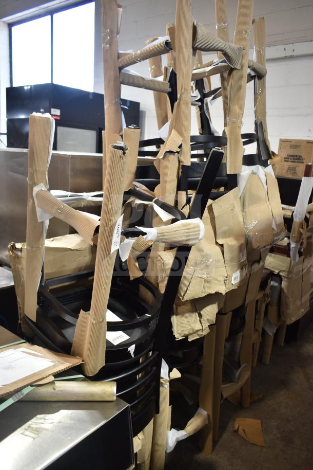 8 brand new black bar height chairs, model 164BLADBLKFR, with black seat cushions, partially packaged. Scratch and dent condition.