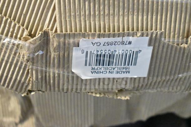 Cardboard packaging with a barcode label marked "Made in China" and model number 164BLADBLKFR, indicating black bar height chairs.