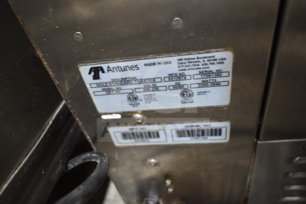 AJ Antunes GST-3V commercial vertical bun toaster with label showing model, volts, and certifications.