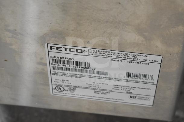 2023 Fetco CBS-2152-XTS commercial coffee brewer label, model CBS-2152-XTS, 208-240 volts, 1 phase, made in USA.