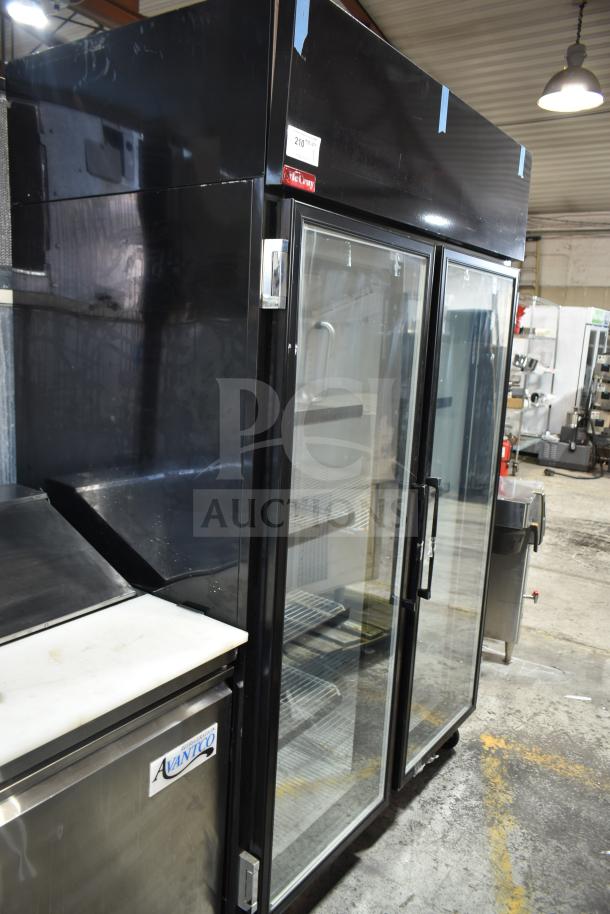 McCray GF48-CAR-BE-DHL 2 Door Reach-In Cooler Merchandiser, on casters, 115/208-230V, 1 Phase, glass doors, black exterior.
