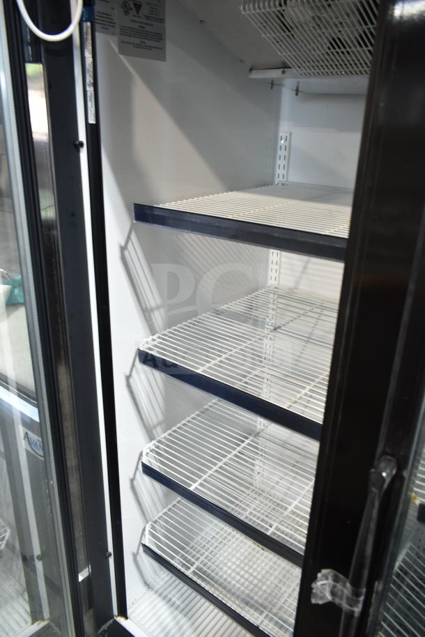 McCray GF48-CAR-BE-DHL commercial 2-door reach-in cooler, white wire shelving, on casters, 115/208-230V, 1 phase.