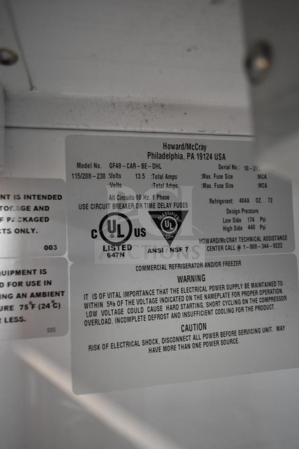 McCray GF48-CAR-BE-DHL 2 Door Cooler, UL listed, 115/208-230V, 1 Phase. Features labels with model info and safety warnings.