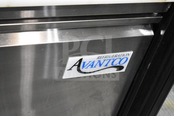 Avantco 178SSPT60HC commercial sandwich salad prep table, stainless steel, logo visible, on casters, 115V, 1 phase.