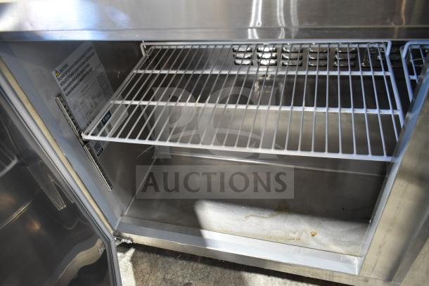 2022 Avantco 178SSPT60HC commercial sandwich prep table, bain marie mega top, 115V, open door showing shelving and interior.