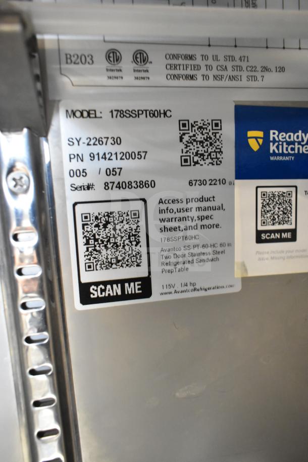 Avantco 178SSPT60HC Commercial Sandwich Salad Prep Table with Mega Top, labels showing model, certifications, and QR codes.