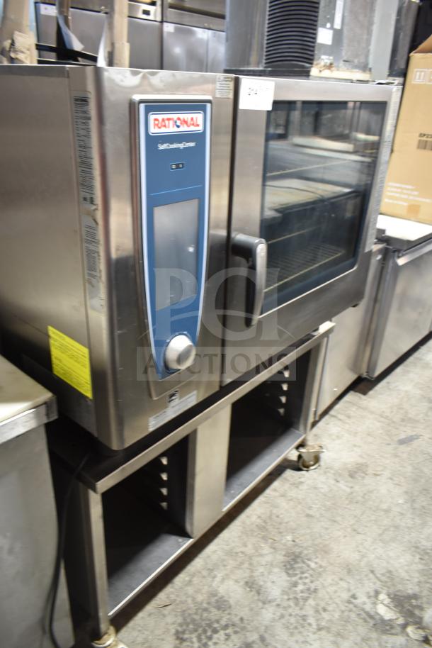 2019 Rational SCC WE 62 commercial combi convection oven, natural gas, on double pan rack stand, excellent condition.