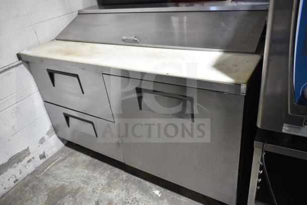 2019 True TSSU-60-16D-2-HC commercial sandwich salad prep table, stainless steel, two drawers, used condition.