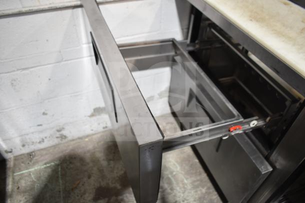 2019 True TSSU-60-16D-2-HC prep table with open stainless steel drawer, showing sturdy construction and clean condition.
