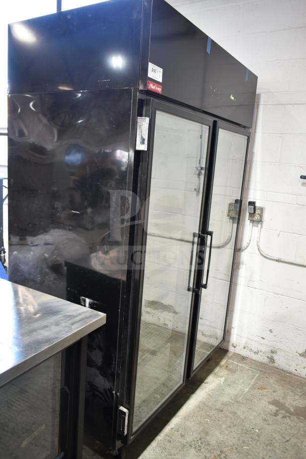 McCray GF48-CAR-BE-DHL commercial 2-door reach-in freezer merchandiser on casters. Black finish, 115/208-230V, 1 phase.