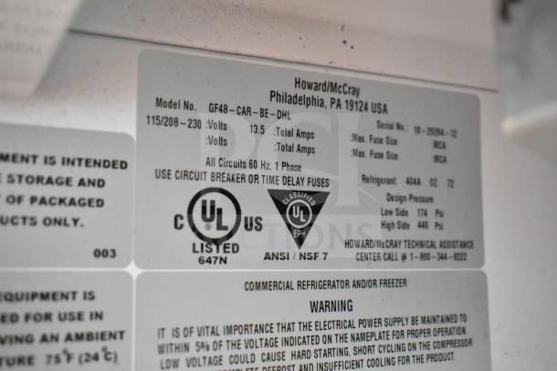 McCray GF48-CAR-BE-DHL Commercial 2 Door Reach In Freezer tag, shows voltage 115/208-230V, 1 phase, UL listed.