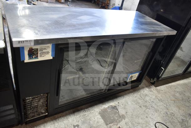 True TBB-24-60G-SD commercial 2-door back bar cooler merchandiser, glass doors, 115V, excellent condition.