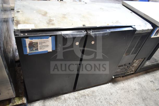 Beverage Air BB48HC-1-B commercial 2-door undercounter cooler, black finish, 115 volts, showing visible exterior wear.