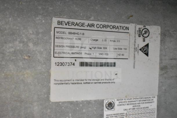 Beverage Air BB48HC-1-B cooler label showing model, refrigerant R290, 115V, 1 phase, UL listed for storage of non-hazardous items.