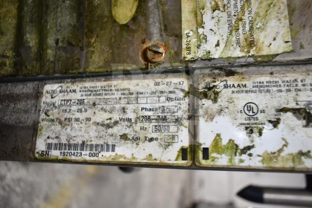 2017 Alto Shaam CTP7-20E combi oven label showing model, voltage 208-240V, 3-phase, UL listed, visible wear.