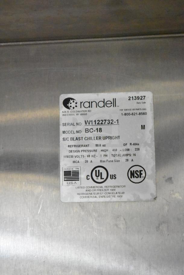 Randell BC-18 Commercial Blast Chiller, stainless steel, features 3 probes, 115/230V, 1 phase, NSF certified.