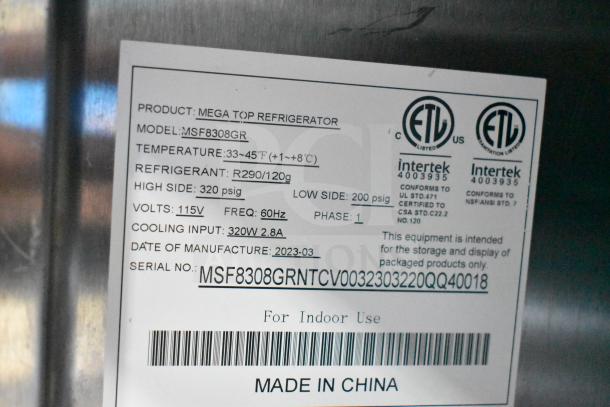2023 Atosa MSF8308GR Commercial Prep Table label, showing model, voltage, refrigerant, and certification details.