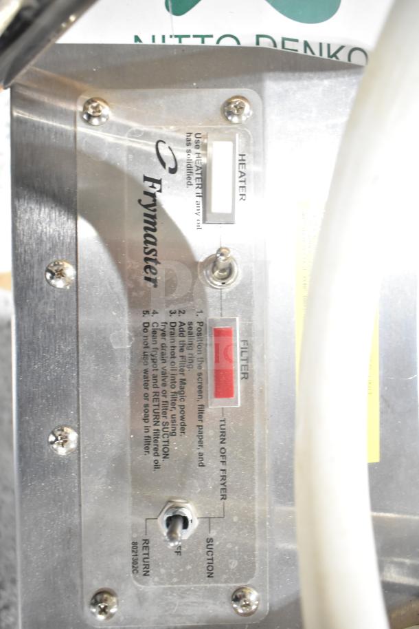 BRAND NEW SCRATCH AND DENT Frymaster PF50 Portable Fryer Oil Filter, 110-120V, 1 Phase, labels show usage instructions.