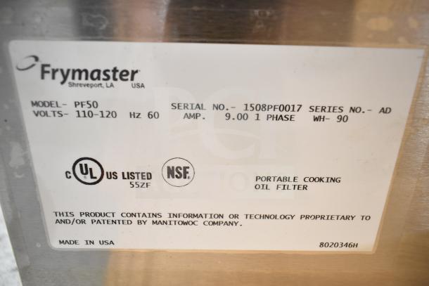 Brand new Frymaster PF50 portable fryer oil filter label, shows specs: 110-120V, 1 phase, UL and NSF listed, Made in USA.