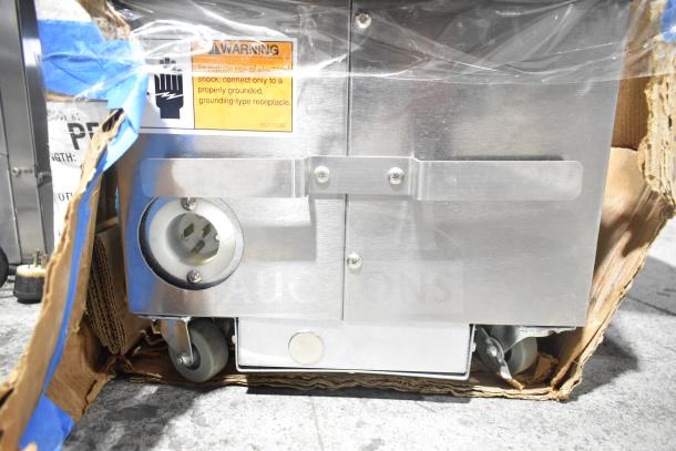 BRAND NEW Frymaster PF50 Portable Fryer Oil Filter, 110-120 Volts, 1 Phase, with visible scratch and dent. Warning label present.