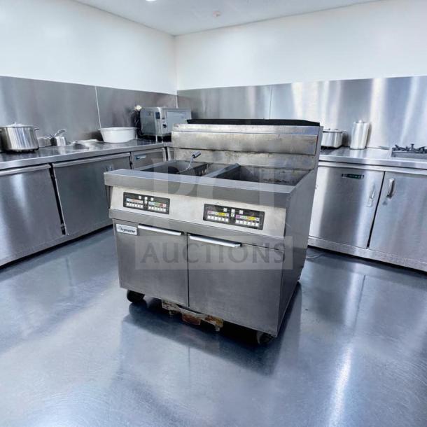 Frymaster SCFHD260G commercial gas floor fryer, dual 80 lb vats, 250,000 BTU, natural gas, excellent condition, in stainless steel kitchen.