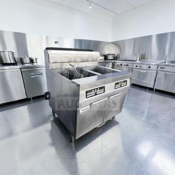 Frymaster SCFHD260G gas floor fryer with dual 80 lb vats, 250,000 BTU, natural gas, excellent condition, fully tested.