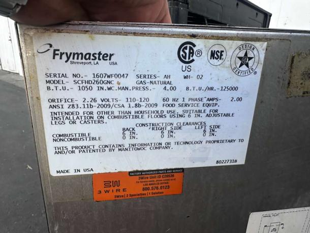 Frymaster SCFHD260G gas floor fryer label with specs: 2 vats, 80 lb capacity each, 250,000 BTU, natural gas. Fully tested.