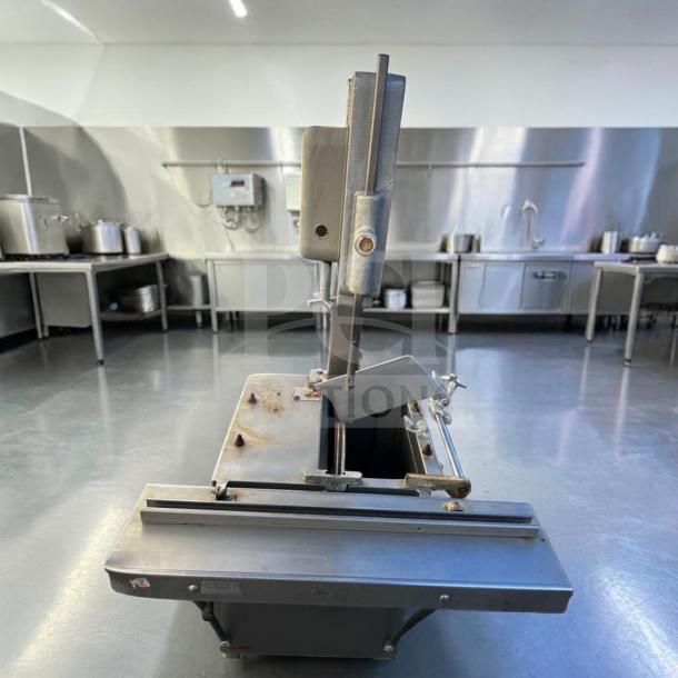 Hobart 5614 commercial meat saw, 2 HP, 3 phase, heavy duty, for parts or repair, stainless steel, visible rust and wear.