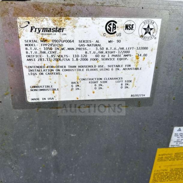 Label on Frymaster FPP245 commercial gas fryer showing model details, certifications, and installation instructions.