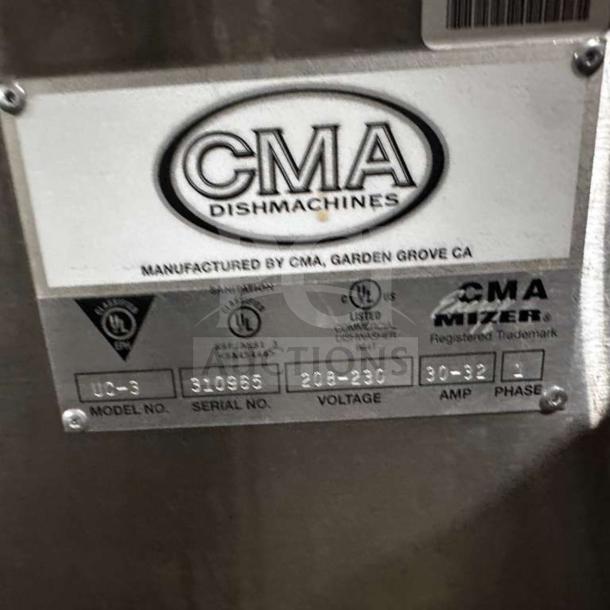 CMA label on Perlick PKHT24 commercial glasswasher. Displays model UC-3, serial 310963, voltage 208-230, 30-32 amps.