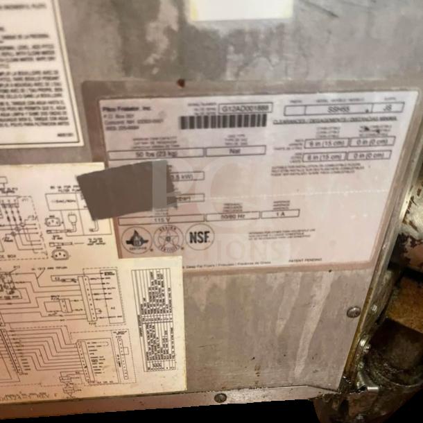 Label on a Pitco SSH55 commercial gas fryer detailing the model, power specifications, and NSF certification.