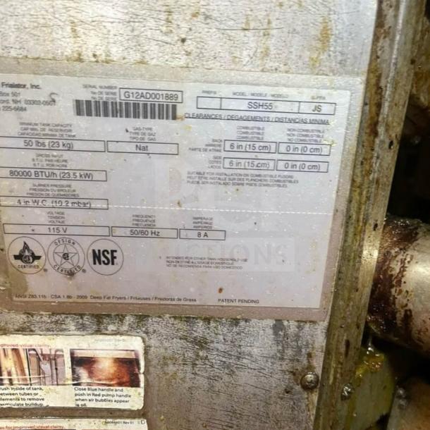 Pitco SSH55 commercial gas fryer label, 50 lb vats, natural gas, built-in filtration. Model info: SSH55, 115V, NSF certified.