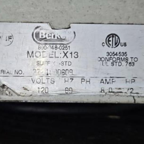 Berkel X13-PLUS meat slicer label, showing model, serial number 27:14:10609, volts 120, and 1/2 HP details.