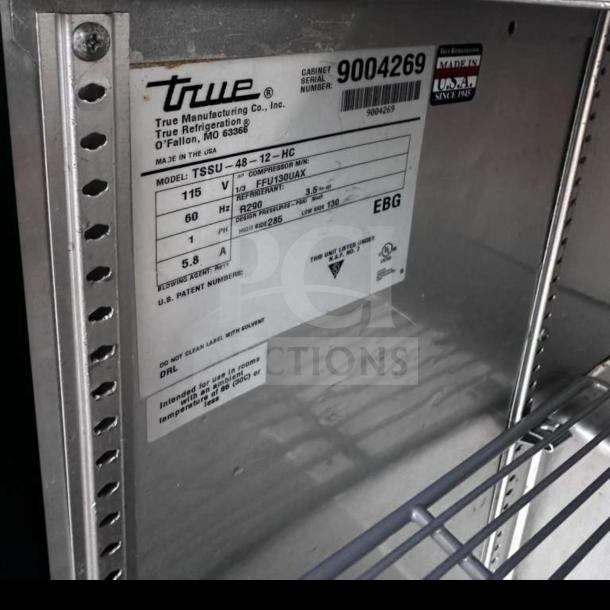 True TSSU-48-12-HC Sandwich/Salad Prep Table label, model details, serial number 9004269, 115V, 60Hz, R290 refrigerant.