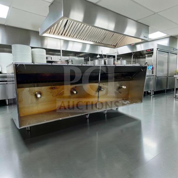 High-grade commercial stainless steel wall mount exhaust hood, heavy-duty ventilation system, model HOOD-L-SS-0939, fully functional.