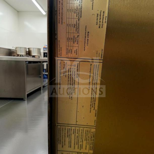 Commercial stainless steel exhaust hood, high-grade condition, wall-mounted, heavy-duty ventilation system, ready for installation, model HOOD-L-SS-0939. Labels indicate specifications and installation details.