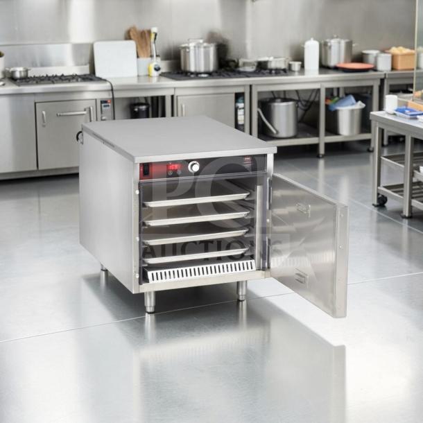 FWE HLC-1826-4(A) heated holding cabinet, 4-pan capacity, stainless steel, countertop model, UL & NSF certified, shown in a commercial kitchen setting.