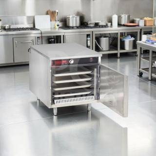 FWE HLC-1826-4(A) heated holding cabinet, 4-pan capacity, stainless steel, countertop model, UL & NSF certified, shown in a commercial kitchen setting.