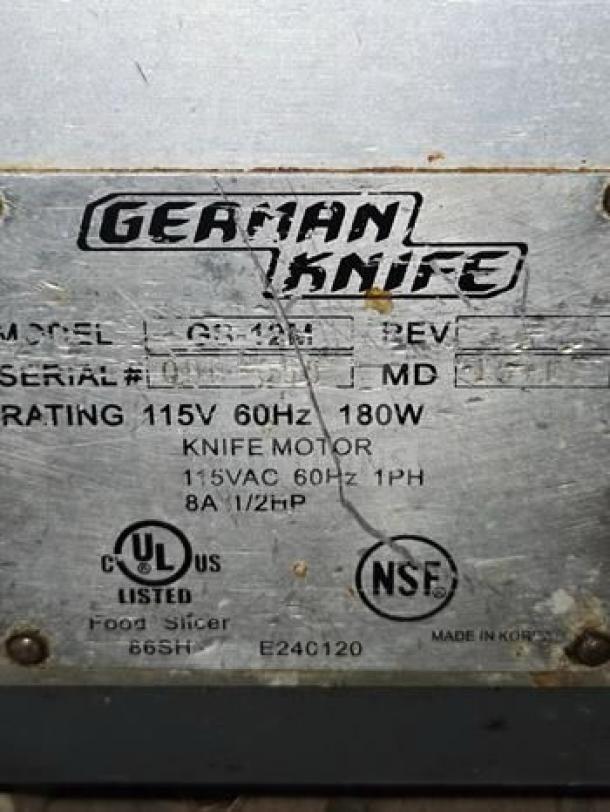 German Knife GS-12M slicer label showing model, UL and NSF certification, 115V, 1/2 HP motor, made in Korea.