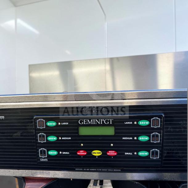 Wilbur Curtis GEMTS10A1000 Gemini Twin Coffee Brewer; 1.5 Gallon, 220V, excellent condition, operational controls shown.