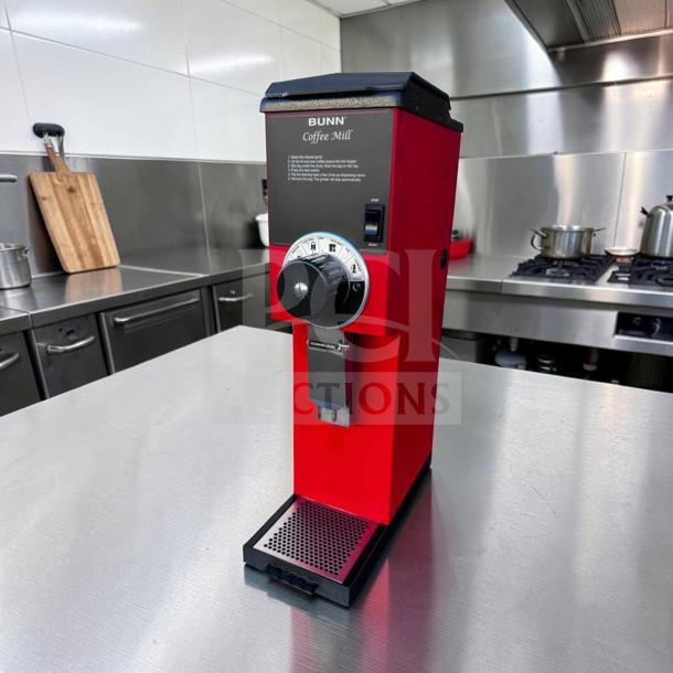 Red Bunn G3 HD 22100.0001 commercial coffee grinder, elite condition, fully operational, 3 lb. capacity.