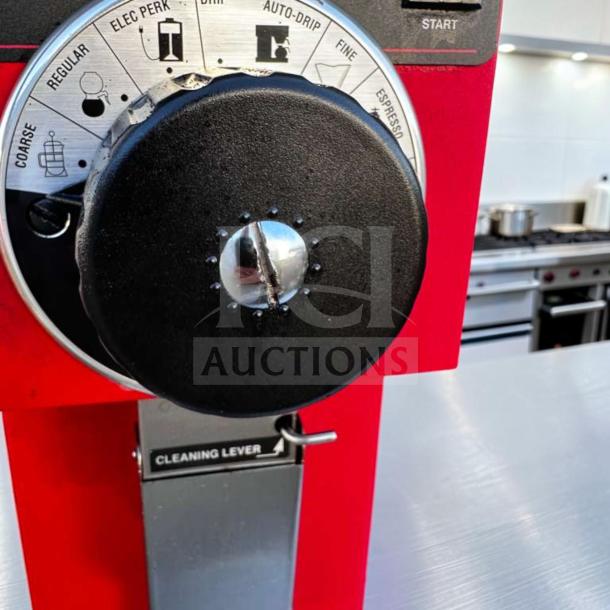 Red Bunn G3 HD 22100.0001 bulk coffee grinder, commercial grade, clean setting dial, fully operational, elite condition.